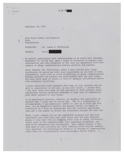 Letter from Mr. W. to Dr. James R. McClelland