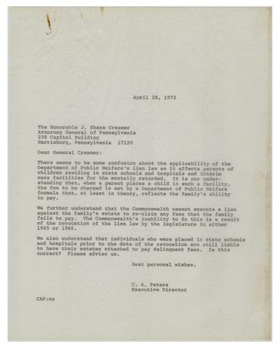 Letter from Charles Peters to J. Shane Creamer, Attorney General of Pennsylvania