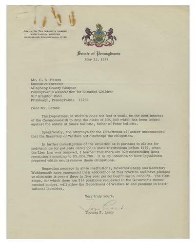 Letter from Thomas Lamb to Charles Peters