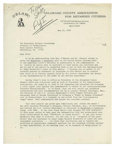 Letter from Steuart Brown to Governor Thornburgh Regarding Halderman v. Pennhurst