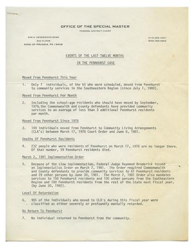Summary of the Events of the Last Twelve Months in the Pennhurst Case