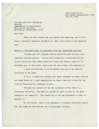 Letter from Bob Nelkin to Governor Richard Thornburgh