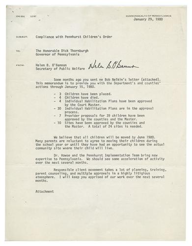 Letter from Helen O'Bannon to Richard Thornburgh on Pennhurst Mandate