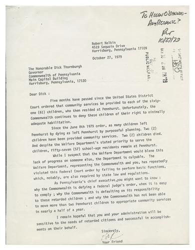 Letter from Bob Nelkin to Richard Thornburgh on Pennhurst Mandate