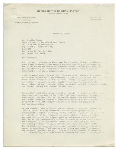 Letter from Carla Morgan to Jennifer Howse of the Department of Public Welfare