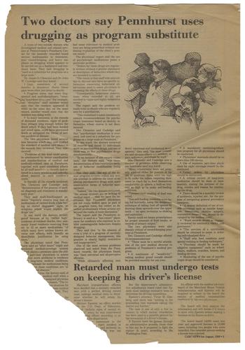 "Two Doctors Say Pennhurst Uses Drugging as Program Substitute" Article
