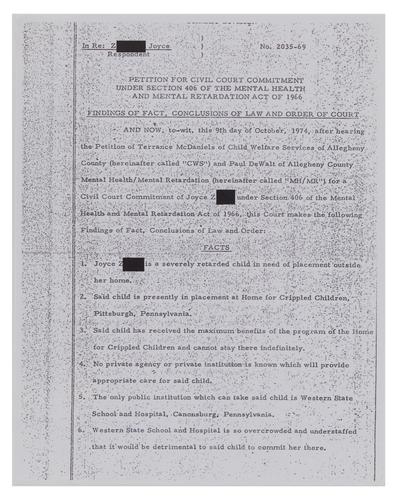 Joyce Z. Case Petition for Civil Court Commitment Under Section 406 of The Mental Health and Mental Retardation Act of 1966