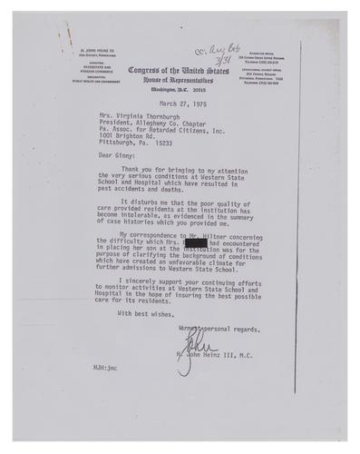 Letter from John Heinz III to Ginny Thornburgh Regarding Western State School and Hospital Admissions