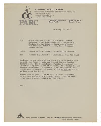 Memo from Bob Nelkin Regarding Justice Department Investigation
