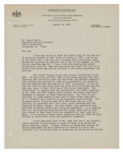 Letter from Robert Hiltner to Bob Nelkin Regarding Food at Western State School and Hospital