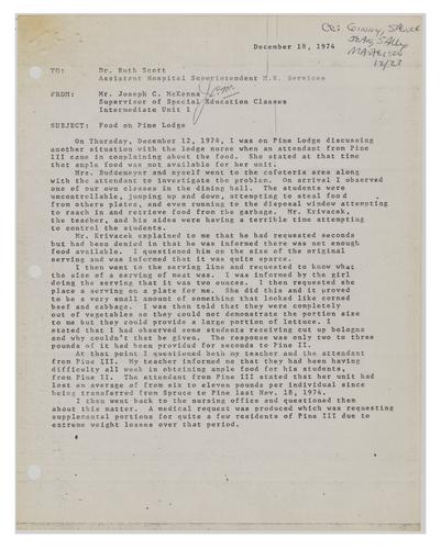 Memo to Ruth Scott on Food at Western State's Pine Lodge