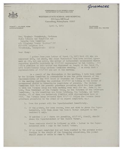 Letter from Robert Hiltner to Virginia Thornburgh