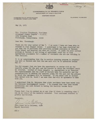 Letter from Anna Belle Calloway to Virginia Thornburgh