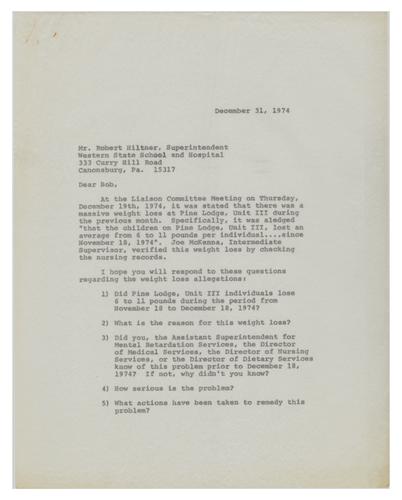 Letter from Bob Nelkin to Robert Hiltner on Resident Weight Loss