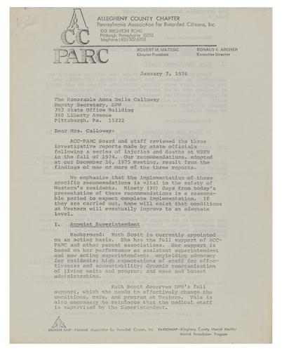 Letter from Robert Matesic to Anna Belle Calloway
