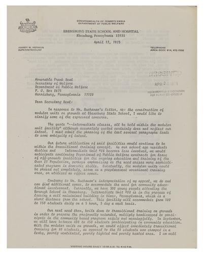 Letter from Harry Herman to Frank Beal