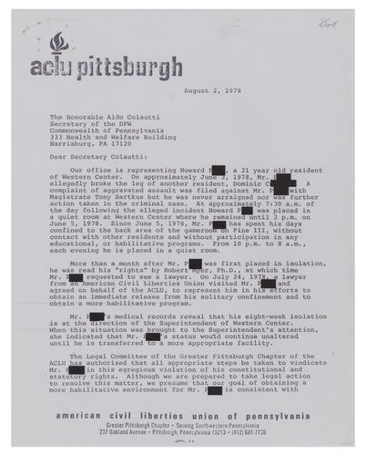 Letter from ACLU Pittsburgh to Aldo Colautti Regarding Howard P.
