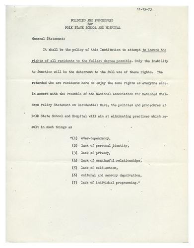 Polk State School and Hospital General Statement of Policies and Procedures