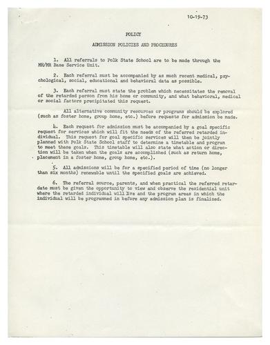 Polk State School and Hospital Admission Policies and Procedures