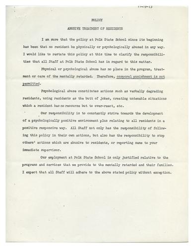 Polk State School and Hospital Policy on Abusive Treatment of Residents