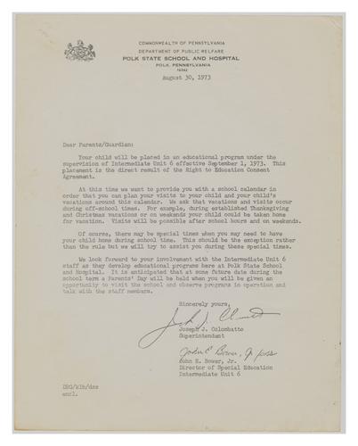 Letter from Joseph Colombatto and John Bower to Parents of Polk State School and Hospital Residents