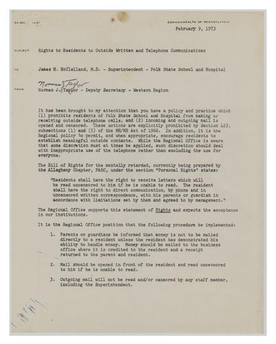 Letter from Norman Taylor to Dr. James McClelland Regarding Rights of Residents to Outside Written and Telephone Communications