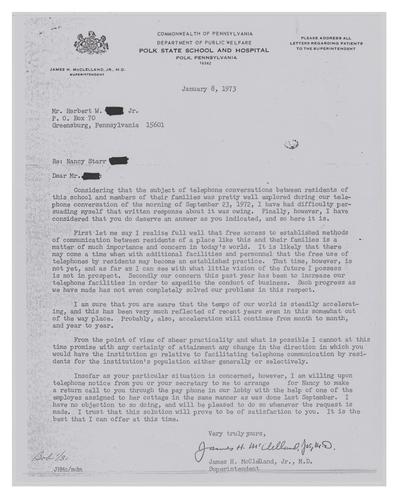 Letter from Dr. James McClelland to Mr. W.