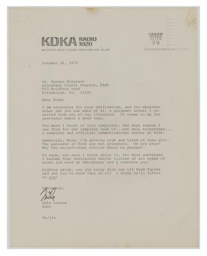Letter from Mike Levine to Dr. Norman Mulgrave