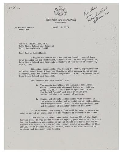 Dr. James McClelland Removal Letter