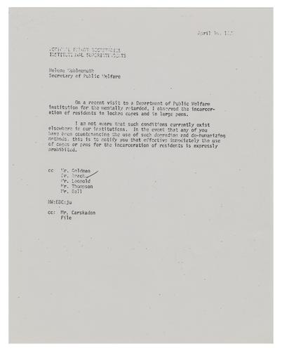 Helene Wohlgemuth Memo to State Institution Superintendents