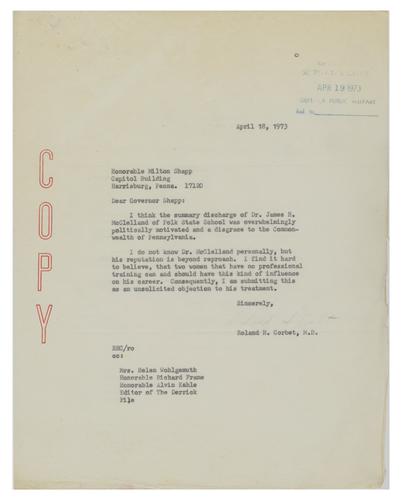 Letter from Roland Corbet to Milton Shapp