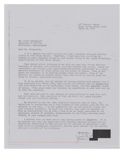 Letter from Judith L. S. to Helene Wohlgemuth