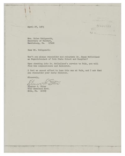 Letter from Eleanor Etter to Helene Wohlgemuth