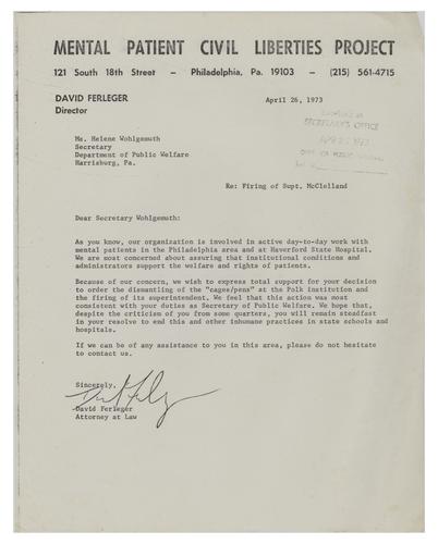 Letter from David Ferleger to Helene Wohlgemuth