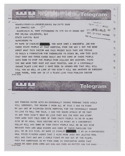 Telegram from Charles B. to Helene Wohlgemuth