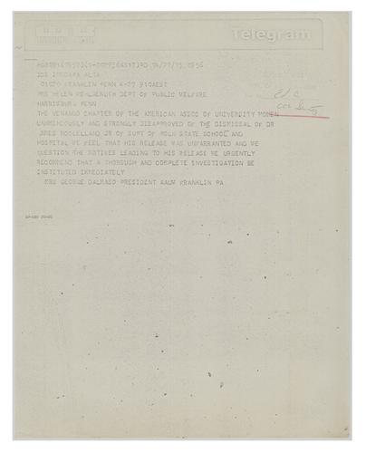 Telegram from the Venango Chapter of the American Association of University Women to Helene Wohlgemuth