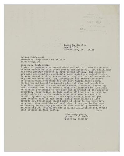 Letter from James Sechler to Helene Wohlgemuth