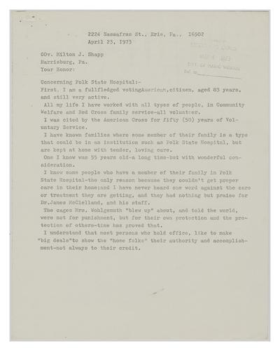 Letter from Marion Taylor to Milton Shapp