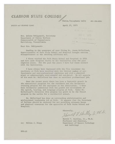 Letter from Harold Hartley to Helene Wohlgemuth