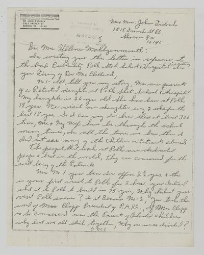 Letter from John Fidorek to Helene Wohlgemuth