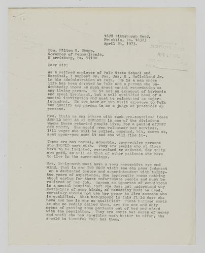 Letter from Beatrice McClelland to Milton Shapp