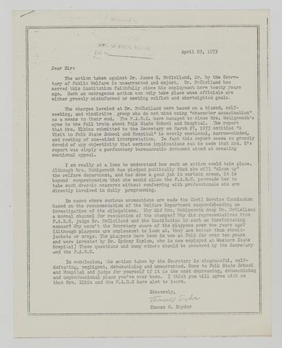 Letter from Thomas Snyder to Milton Shapp