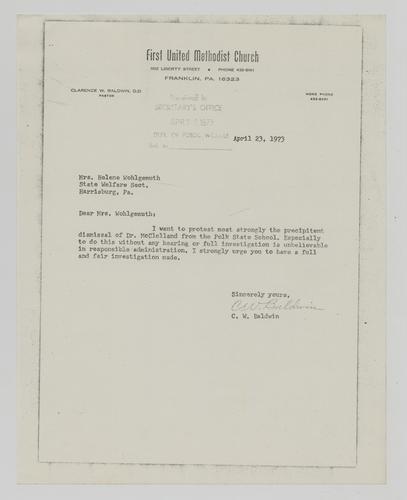 Letter from Clarence Baldwin to Helene Wohlgemuth