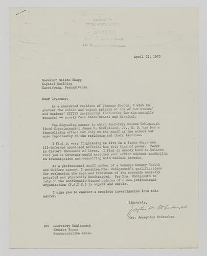 Letter from Josephine McCracken to Milton Shapp
