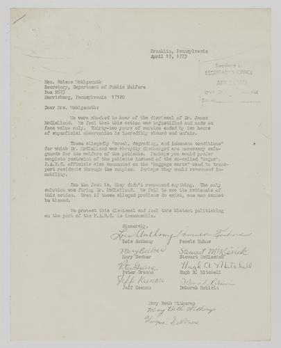 Letter from Franklin Residents to Helene Wohlgemuth