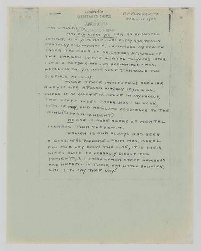 Letter from a Former Warren State Hospital Patient to Helene Wohlgemuth