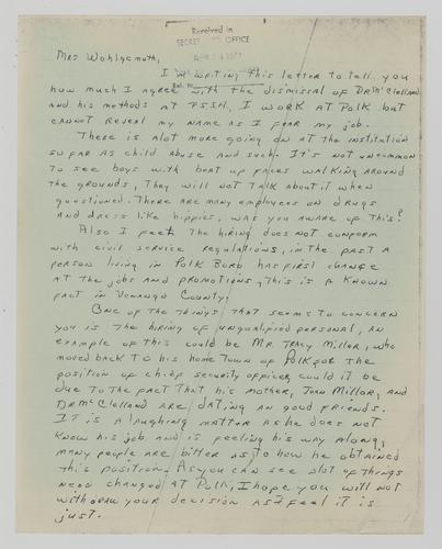 Letter from a Polk State School and Hospital Employee to Helene Wohlgemuth