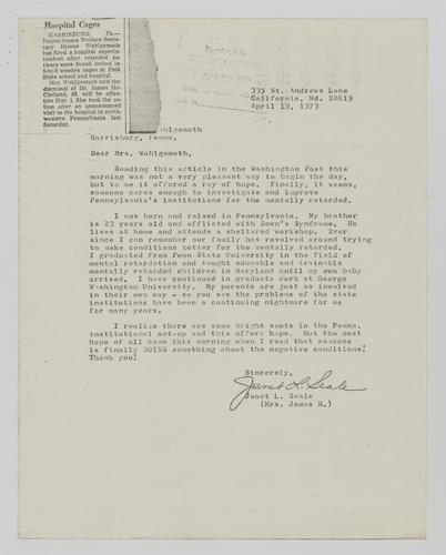 Letter from Janet Seale to Helene Wohlgemuth