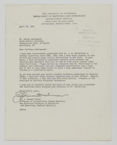 Letter from Dr. J. Howard Turner to Helene Wohlgemuth