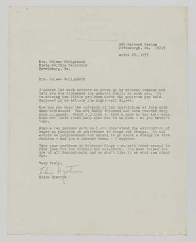 Letter from Elise Nystrom to Helene Wohlgemuth